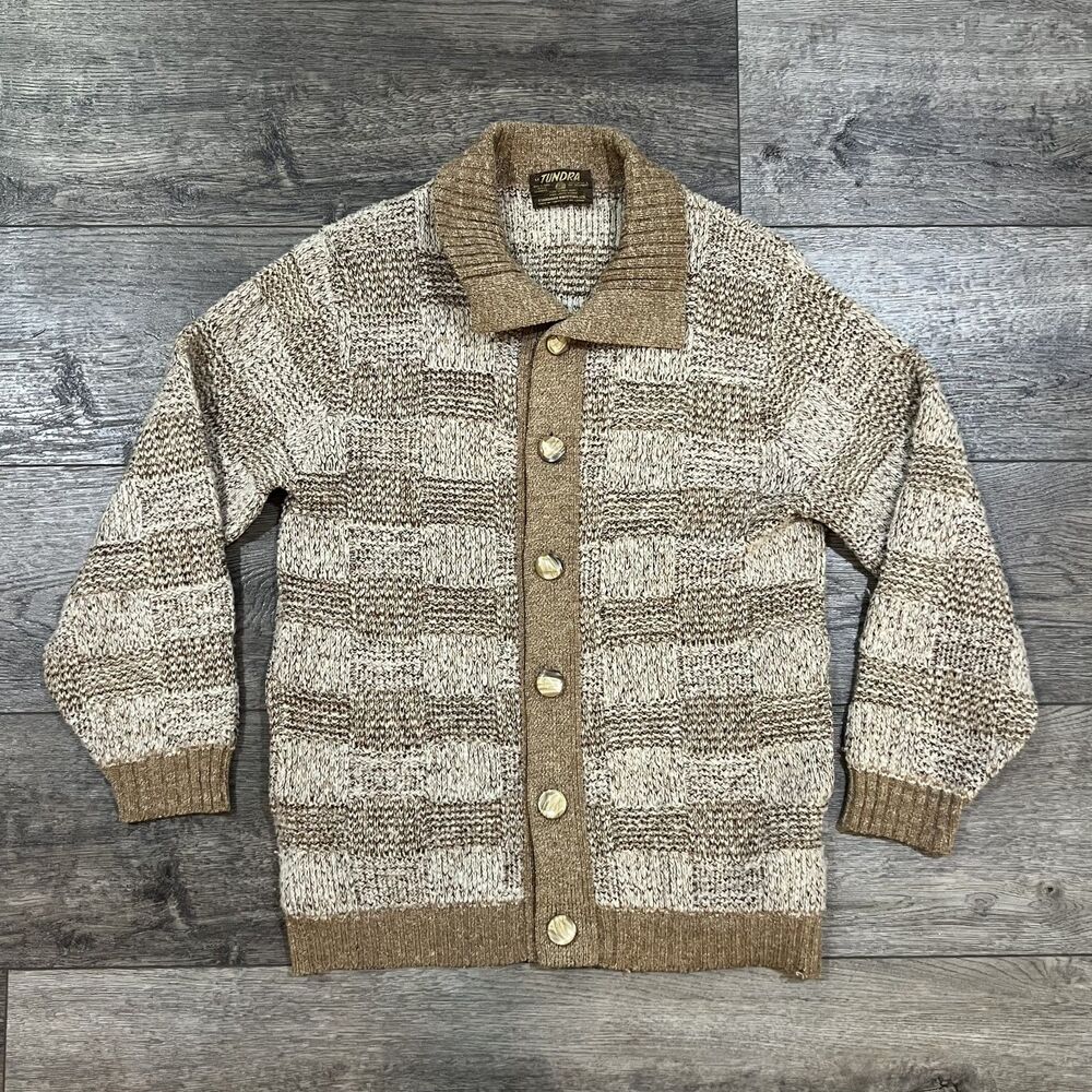 Vintage 70s TUNDRA Canada Wool Knit Cardigan Sweater Brown Textured Button Med
